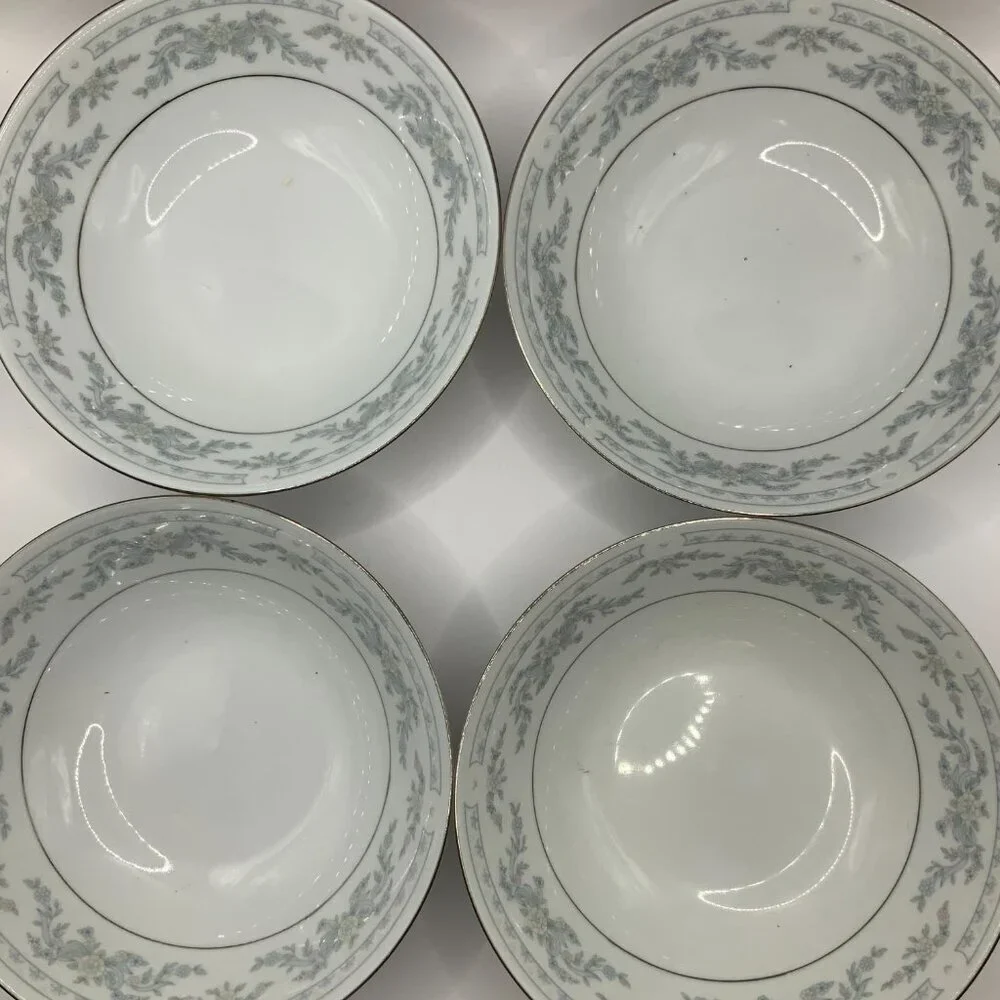 Somerset Blue, Pink & Green Flowers w/Blue Ribbon Silver Trimmed Bowl